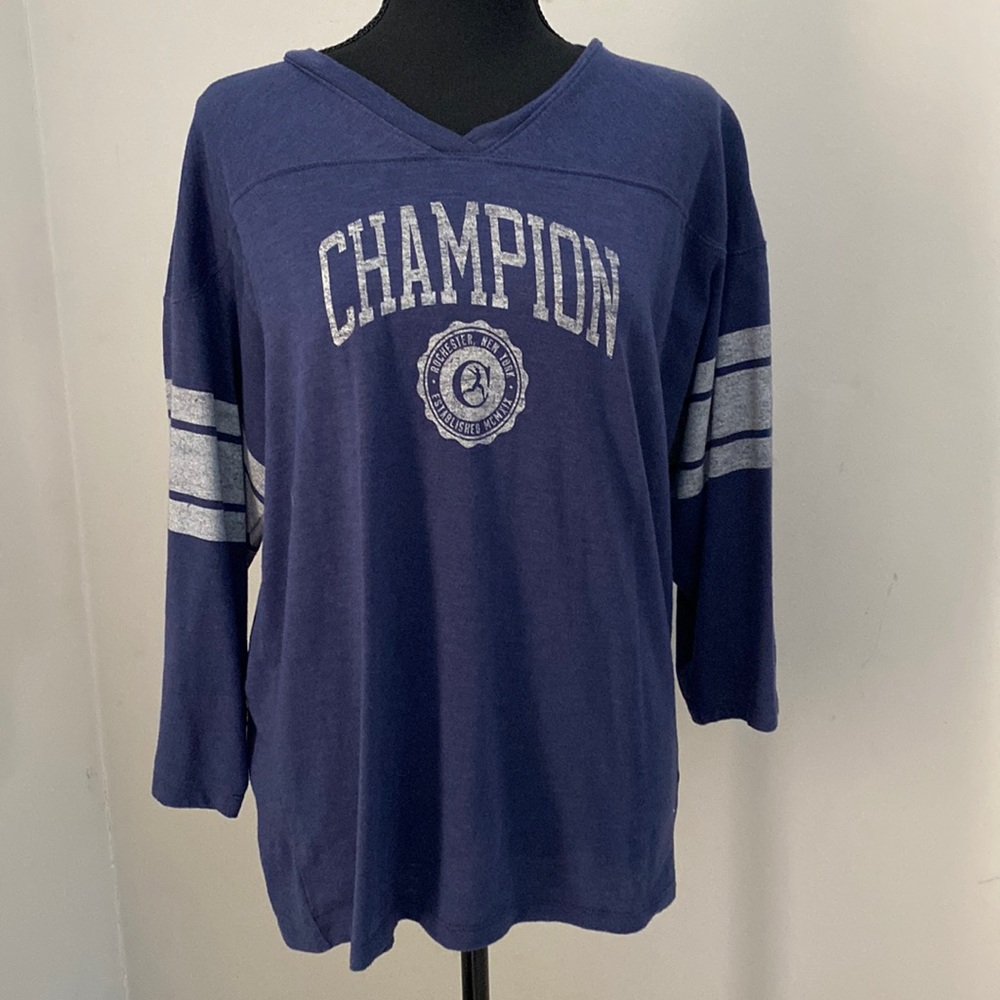 Champion Womens Blue Gray Jersey Logo Chest Slight V Neck Long Sleeve Top S